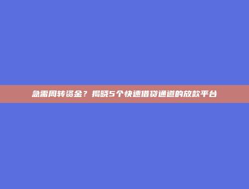 急需周转资金？揭晓5个快速借贷通道的放款平台