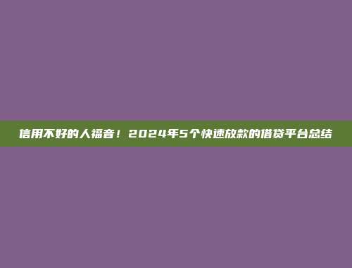 信用不好的人福音！2024年5个快速放款的借贷平台总结