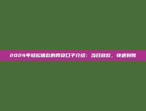 2024年轻松借款的网贷口子介绍：当日放款，快速到账