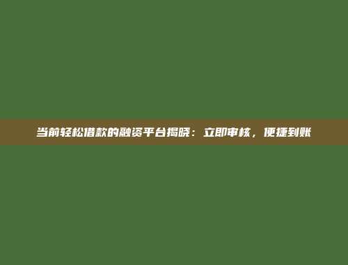 当前轻松借款的融资平台揭晓：立即审核，便捷到账